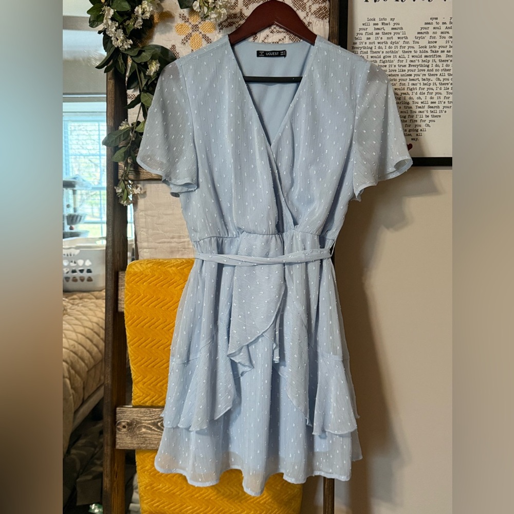 UGUEST Elegant Light Blue Wrap Mini Dress